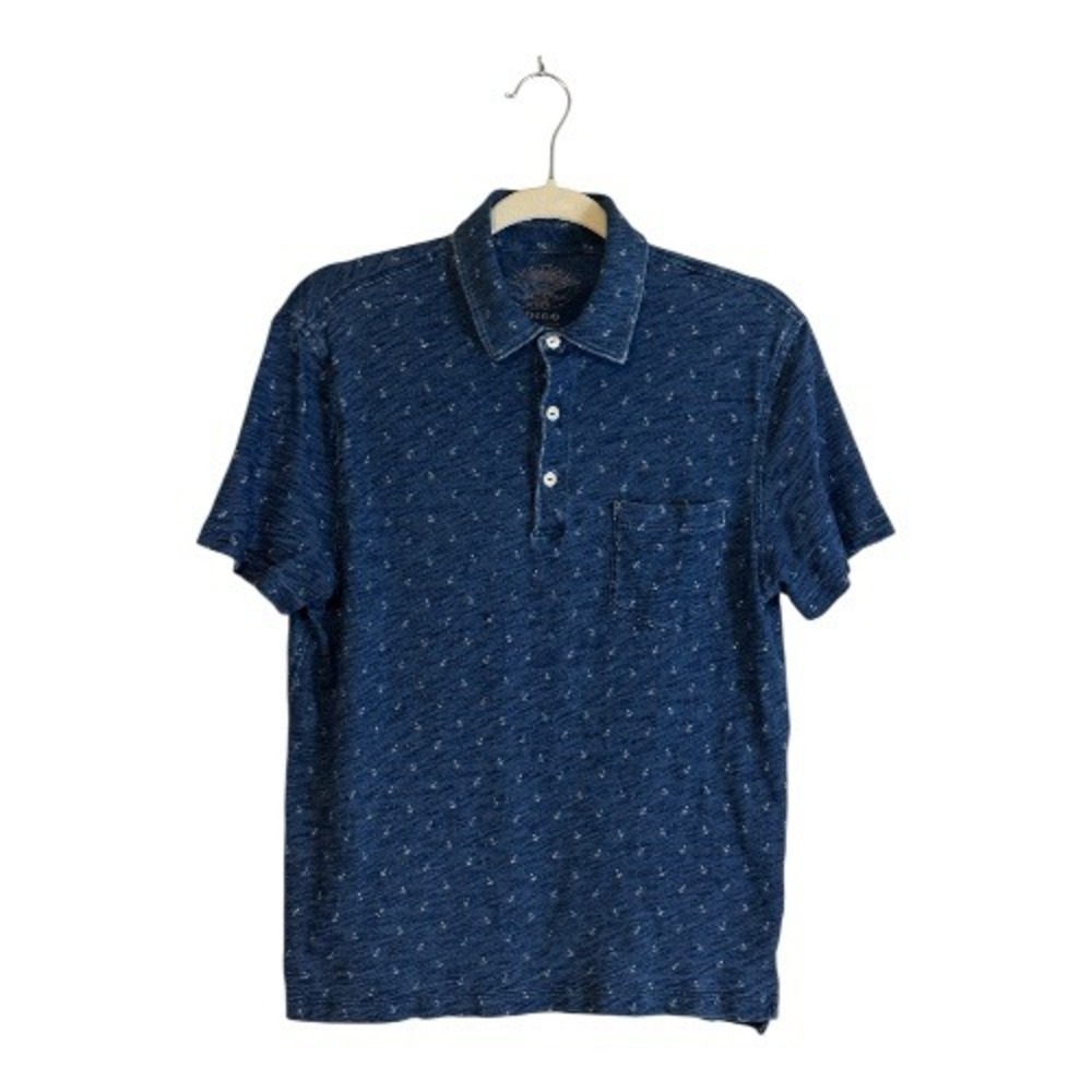 Wallace & Barnes Polo Shirt Blue M Mens Anchor Print Indigo‎ Short Sleeve Pocket